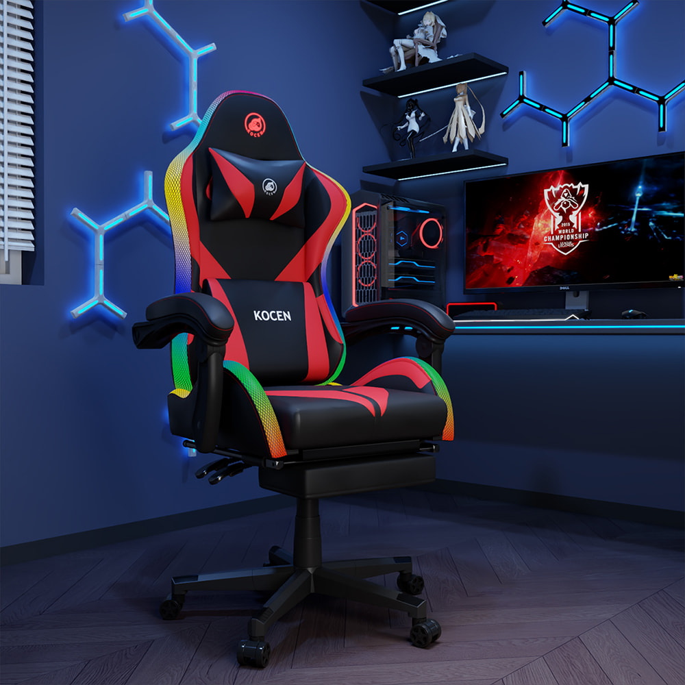 Cadeira de jogos em tecido de couro PU, cadeira de esportes com luzes RGB ajustáveis ​​em várias cores, alimentada por USB, controle remoto