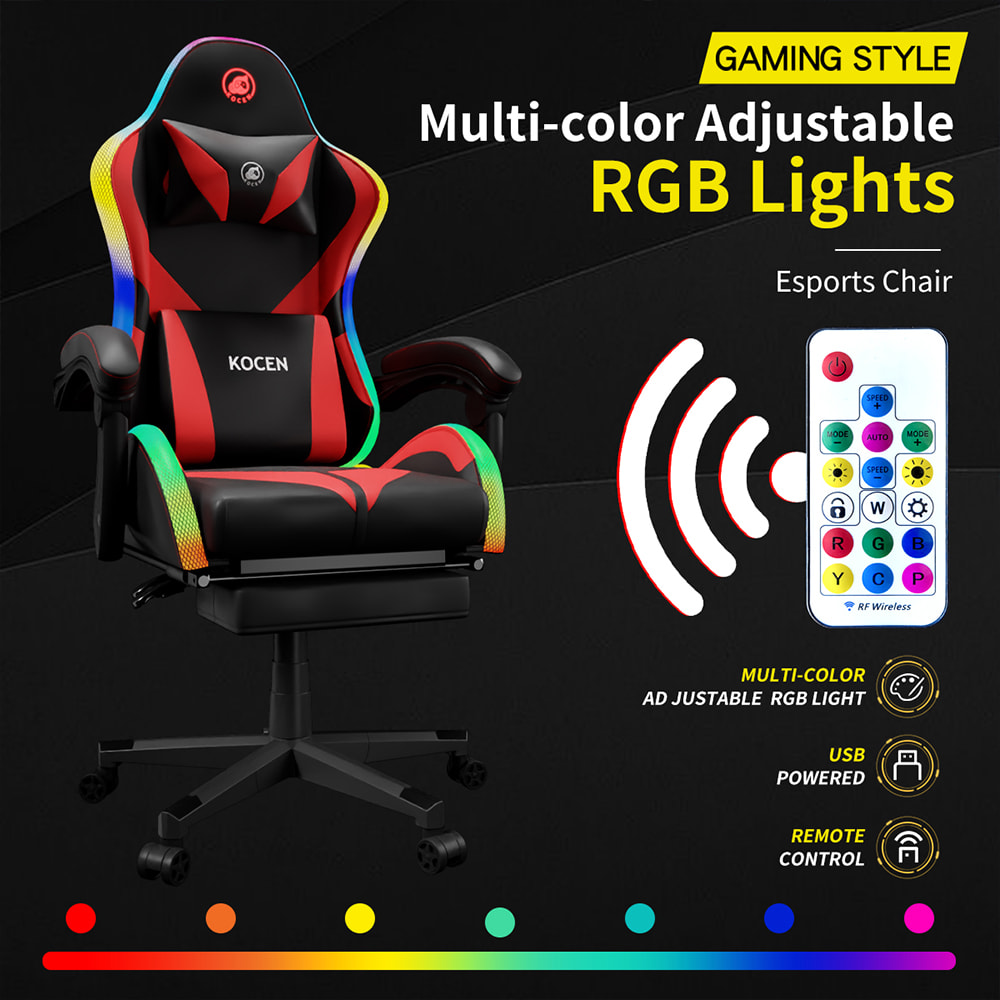 Cadeira de jogos em tecido de couro PU, cadeira de esportes com luzes RGB ajustáveis em várias cores, alimentada por USB, controle remoto Cadeira de jogos em tecido de couro PU, cadeira de esportes com luzes RGB ajustáveis em várias cores, alimentada por USB, controle remoto