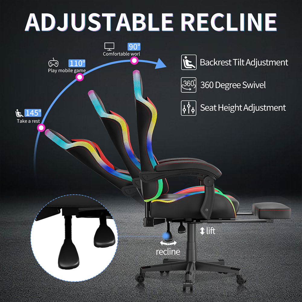 Cadeira de jogos em tecido de couro PU, cadeira de esportes com luzes RGB ajustáveis em várias cores, alimentada por USB, controle remoto Cadeira de jogos em tecido de couro PU, cadeira de esportes com luzes RGB ajustáveis em várias cores, alimentada por USB, controle remoto