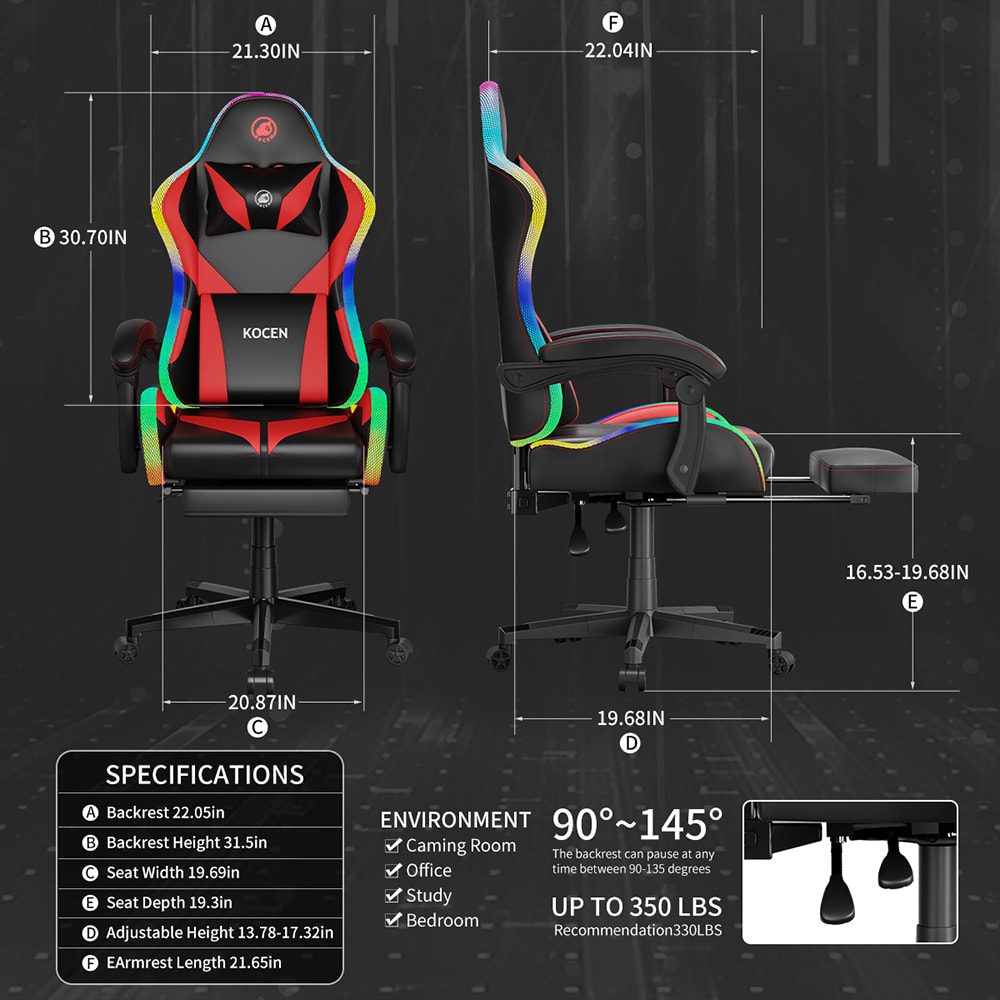Cadeira de jogos em tecido de couro PU, cadeira de esportes com luzes RGB ajustáveis em várias cores, alimentada por USB, controle remoto Cadeira de jogos em tecido de couro PU, cadeira de esportes com luzes RGB ajustáveis em várias cores, alimentada por USB, controle remoto