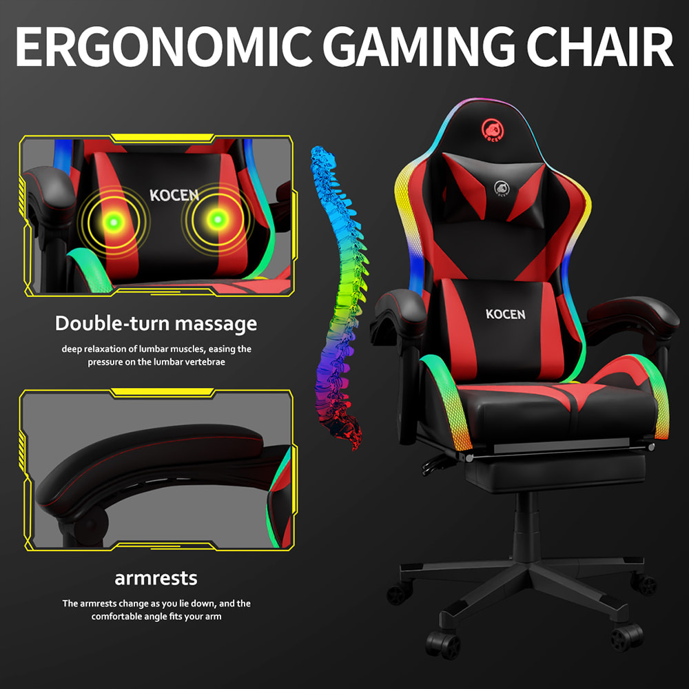 Cadeira de jogos em tecido de couro PU, cadeira de esportes com luzes RGB ajustáveis em várias cores, alimentada por USB, controle remoto Cadeira de jogos em tecido de couro PU, cadeira de esportes com luzes RGB ajustáveis em várias cores, alimentada por USB, controle remoto